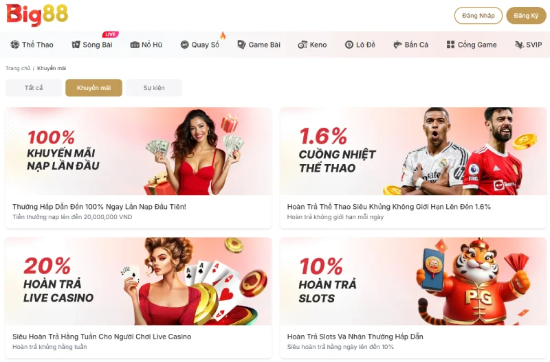 Khuyến mãi Big88 tập trung chủ yếu vào hoàn cược